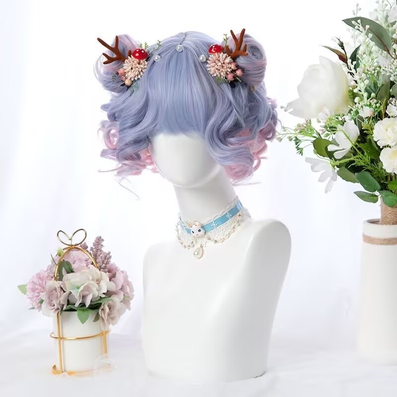 Japanese Lolita Girls Curly Hair Cosplay Gradient Hair blue Wigs Anime