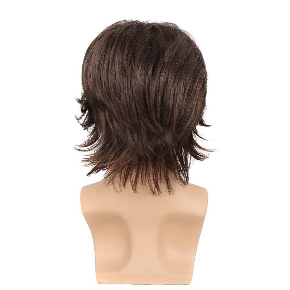 Men Brown Short Wigs Layered Natural Wavy Synthetic Hair Boys Male Wig Bangs USA
