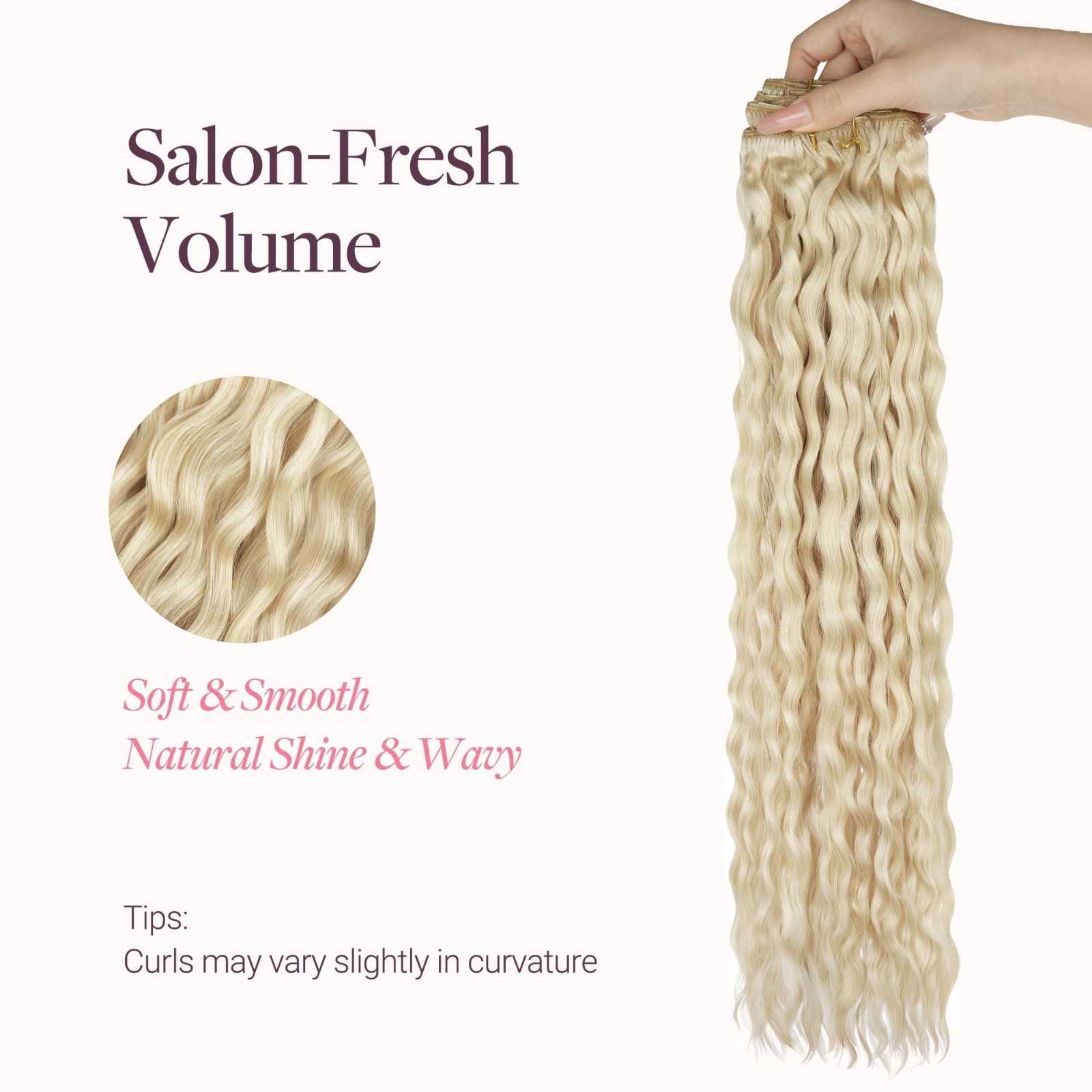 24″ Curly Clip-In Hair Extensions, Real Human Hair, 150g, 9Pcs, Platinum Blonde