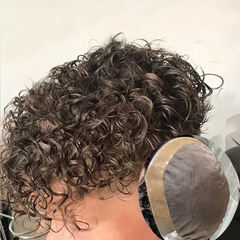 Curly Toupee for Black Men Human Hair System Fine Mono Poly Mens Wigs 20MM