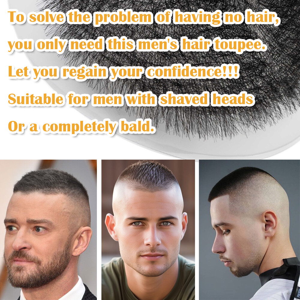 Men Toupee Short 1cm Buzz Cut Remy Virgin Human Hair Skin PU Bald Head Hairpiece