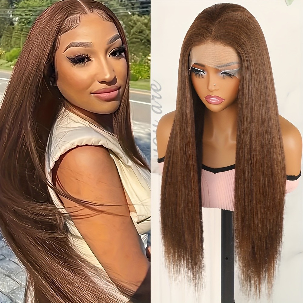 Brown Highlights Long Straight Hair Lace Front Wigs Pre Plucked Natural Hairline