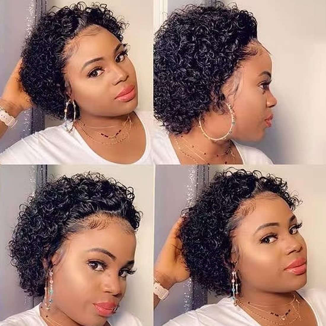 Short Curly Human Hair Wig Lace Front Pixie Cut 6 Inch for Black Women