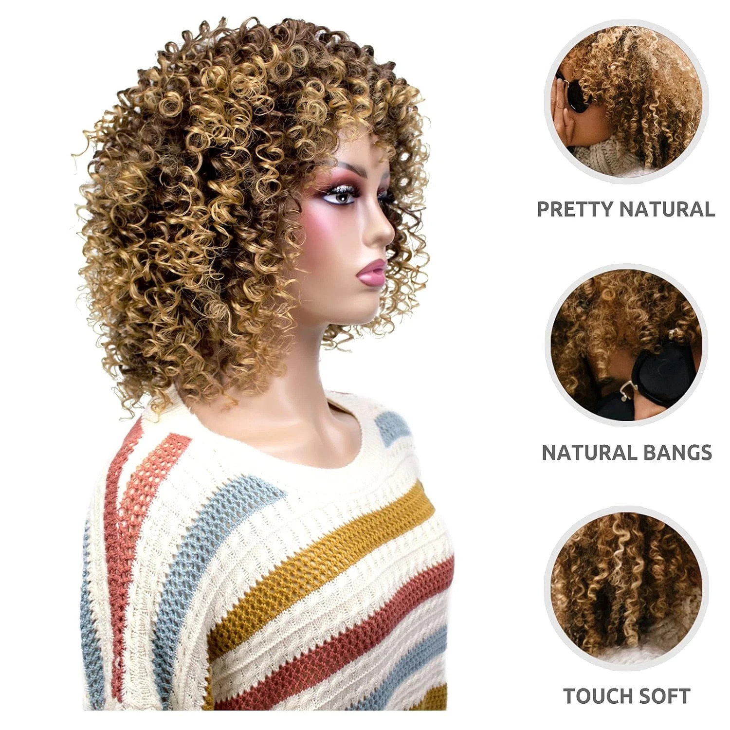 Afro Curly Wigs for Black Women Short Shoulder Length Kinky Wig with Bangs Brown