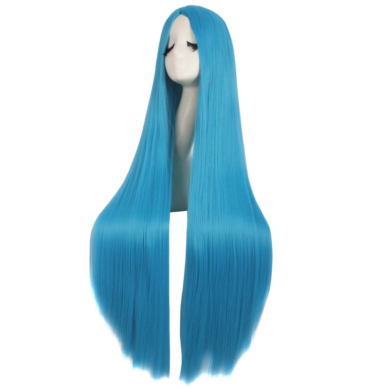 Long Straight Cosplay Wig 100cm Cyan Blue Synthetic Soft Hair Women
