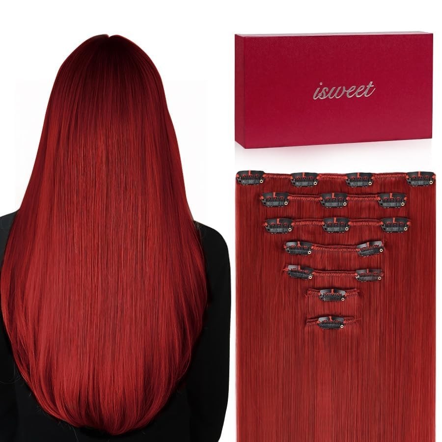 20″ 110g Clip-in Hair Extensions, Real Remy Human Hair, Soft & Natural Red, 7Pcs