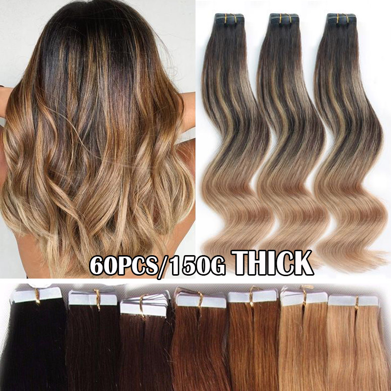 60PCS 150G Remy Tape in Real Human Hair Extensions Russian 12″-24″ Ombre Thick F