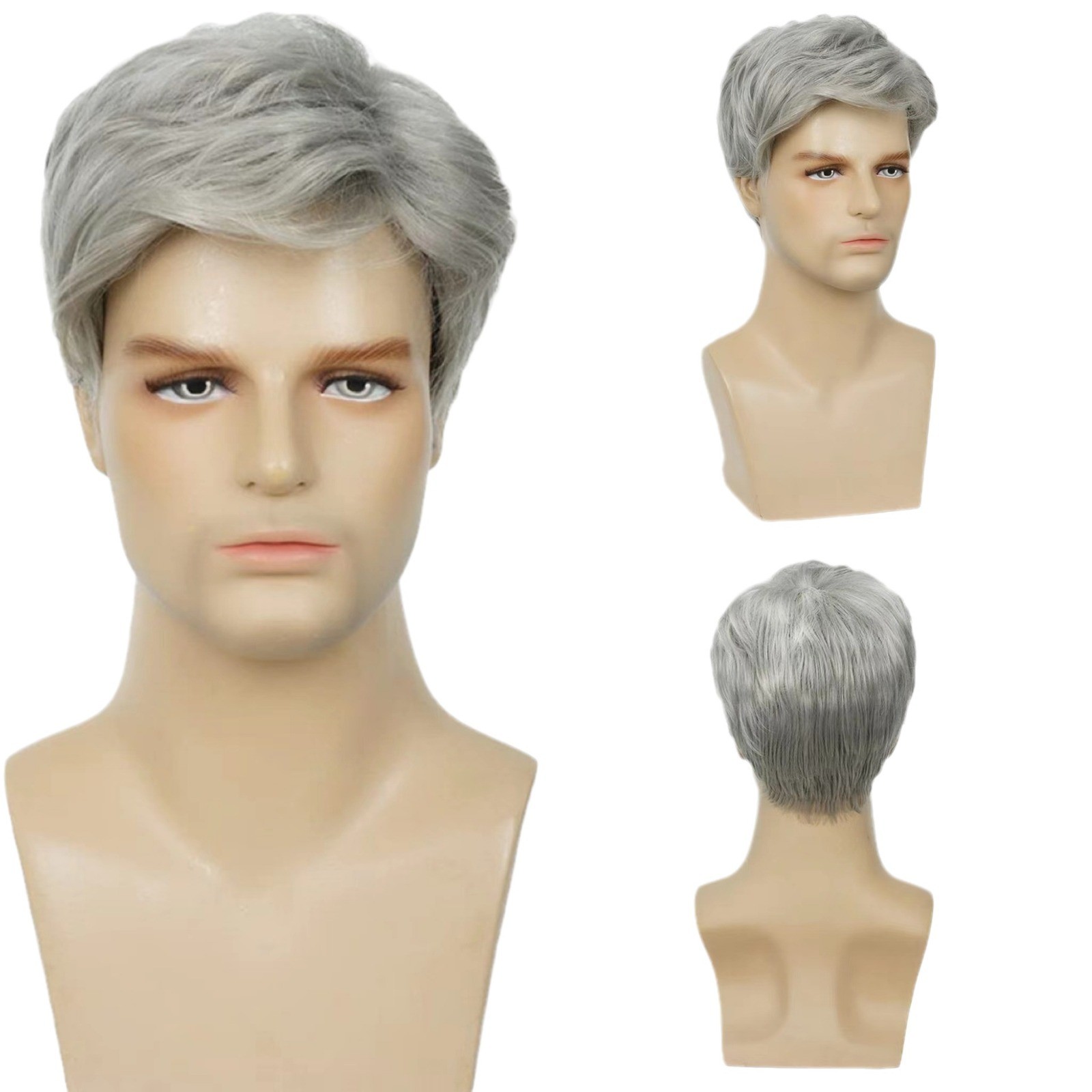 Salt and Pepper Grey Short Fluffy Men Wig Heat Resistant Synthetic Full Wig