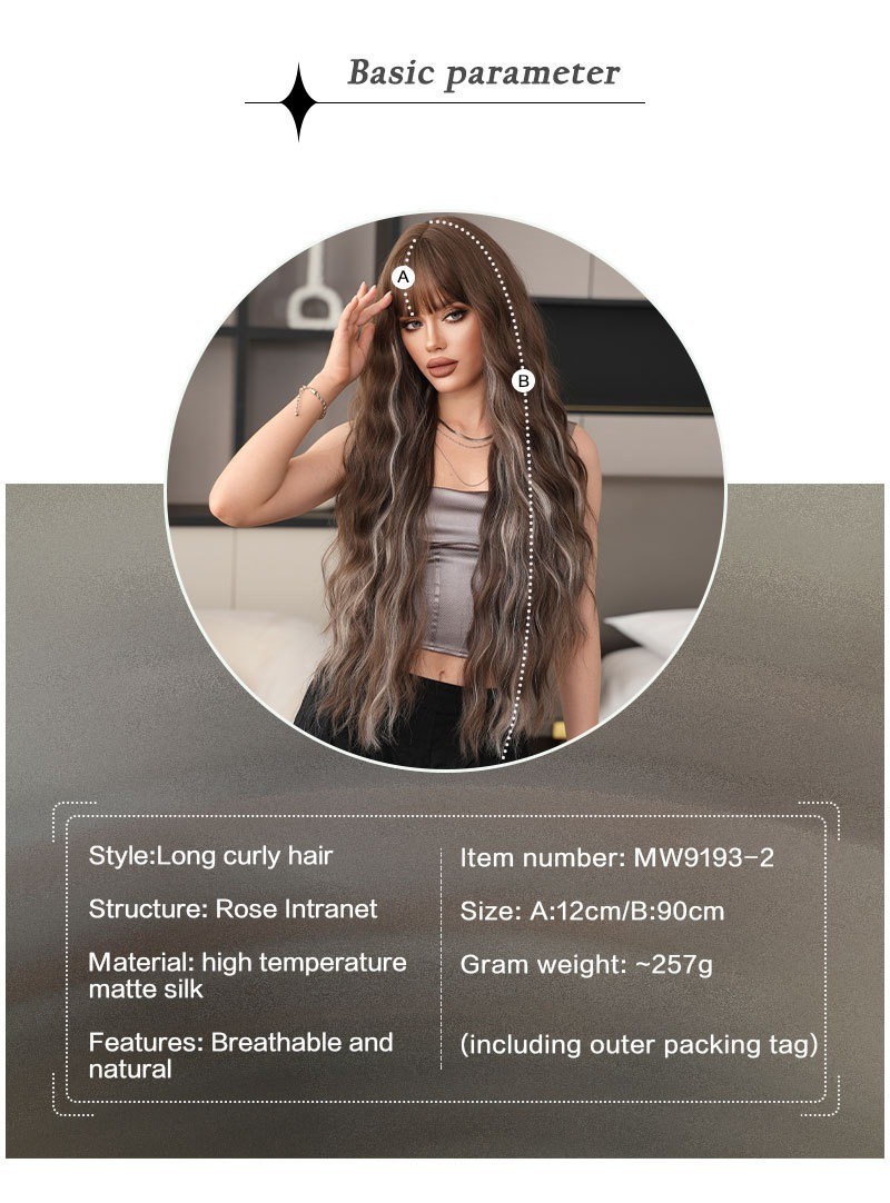 36-inch ultra-long wavy hair with fringe brown highlighted and gray heat-resist