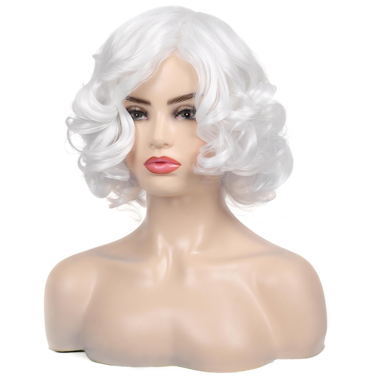 Short Curly Wavy White Wigs for Women Synthetic Natural Hair Wig Halloween Co…