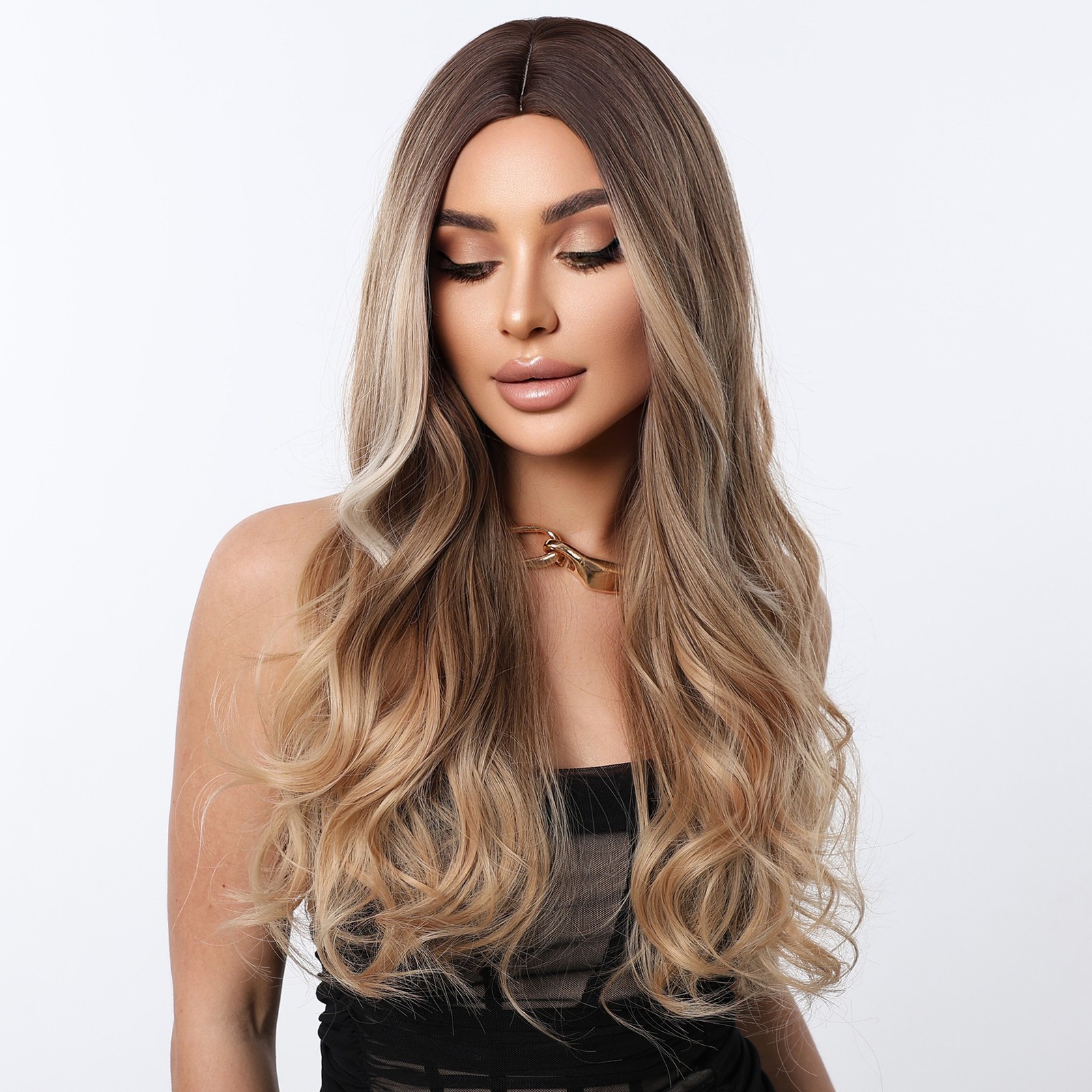 24in Brown to Gold Ombre Wavy Wig Heat Resistant Synthetic Cosplay Party Wedding