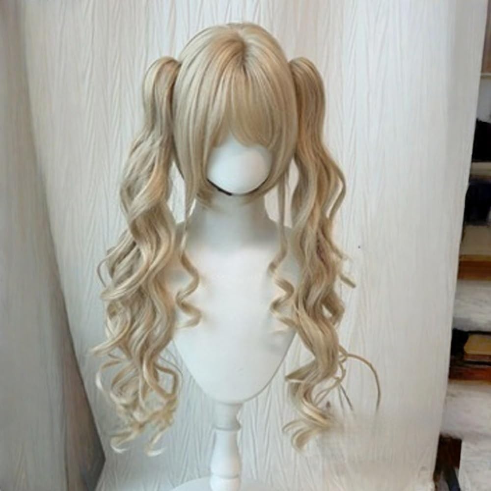 Japanese Lolita Wig Long Curly Ponytail Blonde Hair Cosplay Costume