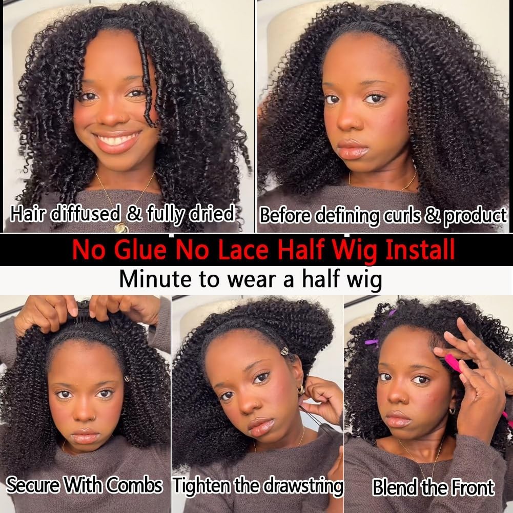 200 Density Kinky Curly Half Wig – 3 in 1 Glueless Flip Over Wig, 20 Inch, Draws