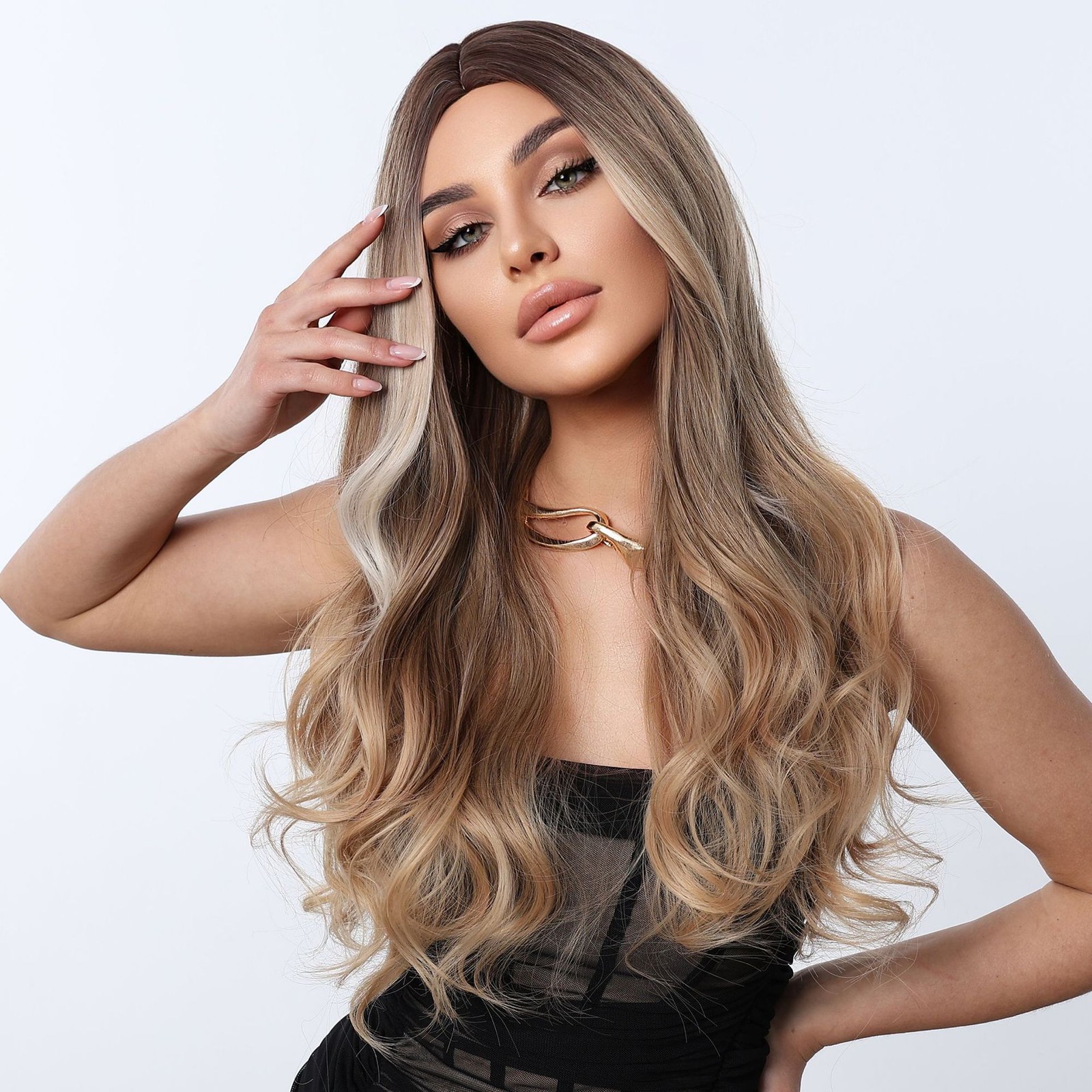 24in Brown to Gold Ombre Wavy Wig Heat Resistant Synthetic Cosplay Party Wedding
