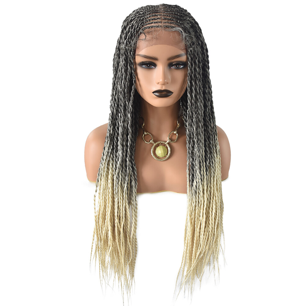 Hand Tied Swiss Lace Front Twist Braids Women Wig Baby Hair Kanekalon Synthetic