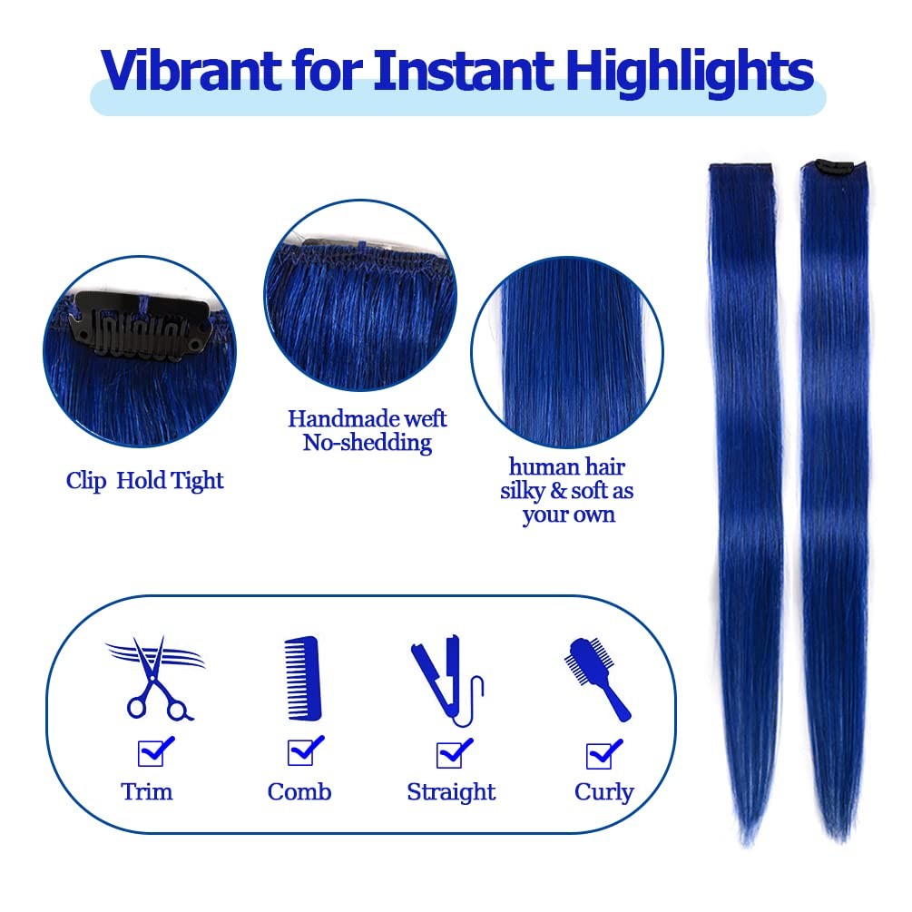 Blue Clip in Hair Extensions 100% Real Human Hair – Straight Highlights Color…