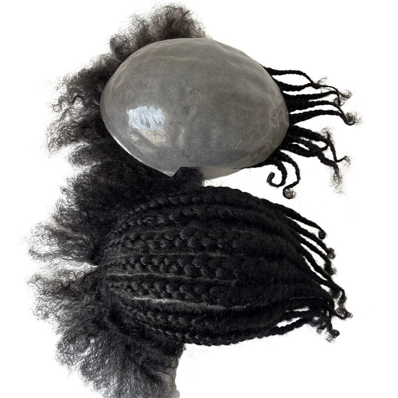 100%Human Hair Replacement Cornrow Braids Unit 8×10 Full PU Toupee for Black Men