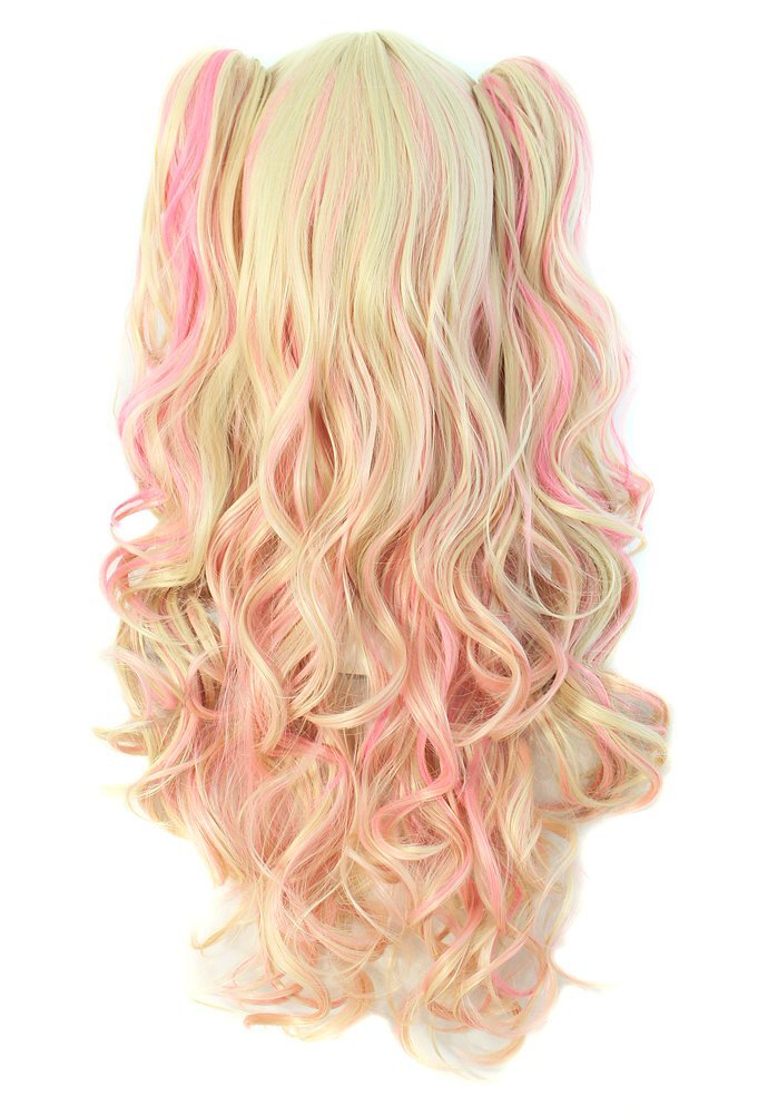 Multi-color Lolita Long Curly Clip on Ponytails Cosplay Wig Blonde/Pink