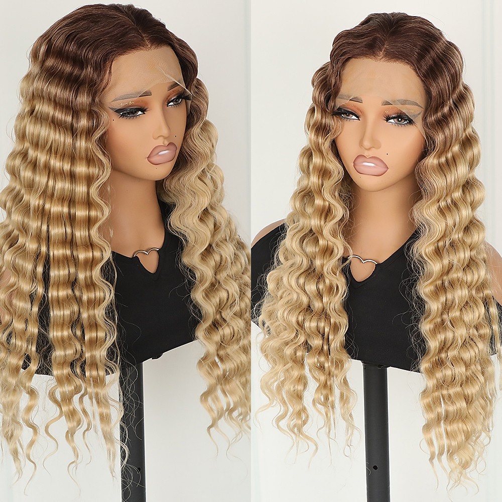 Heat Resistant Glueless Lace Front Wigs Ombre Brown Blonde Deep Wave Women Party