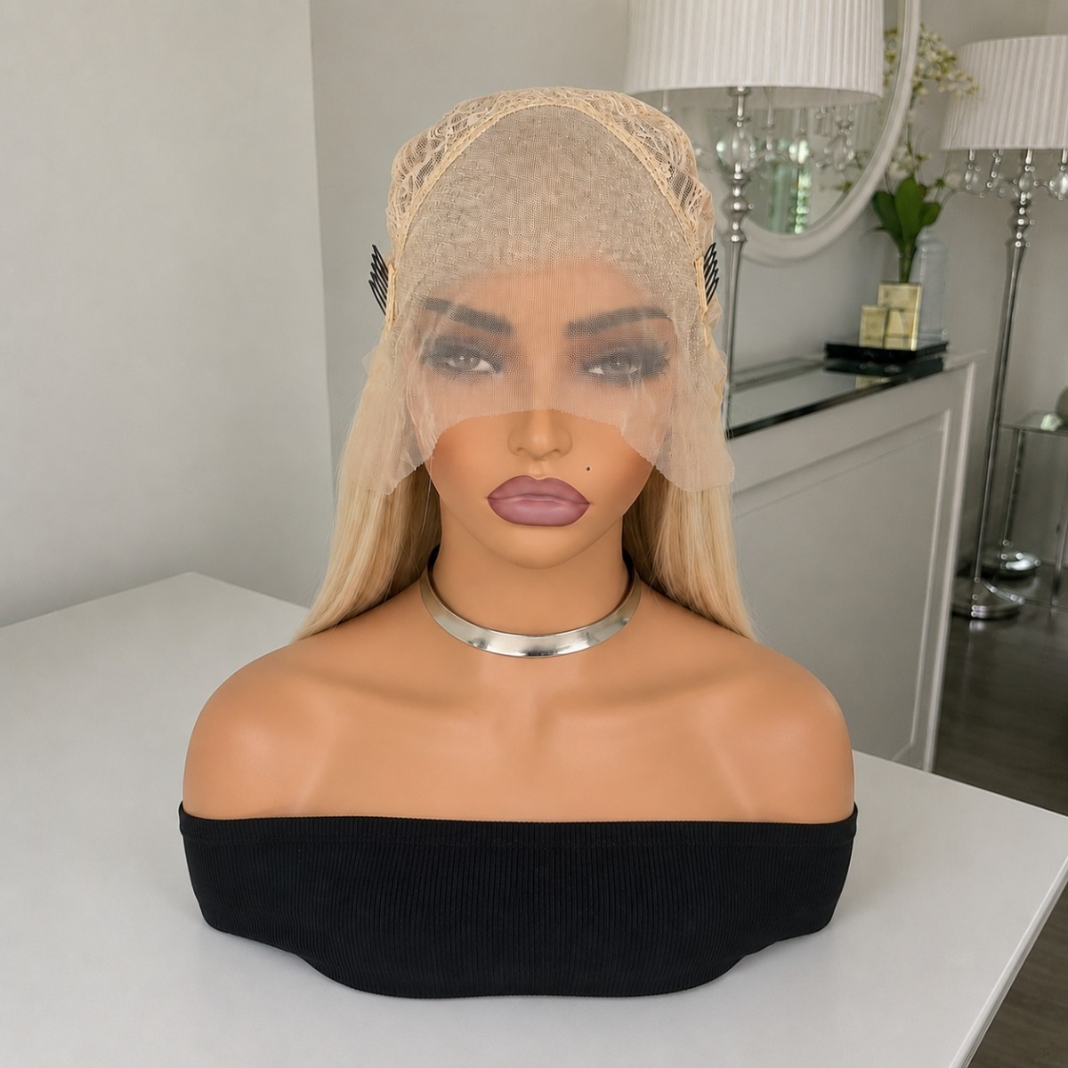 Glue Less Lace Front Wig Heat Resistant Hair Bleach Blonde Long Straight