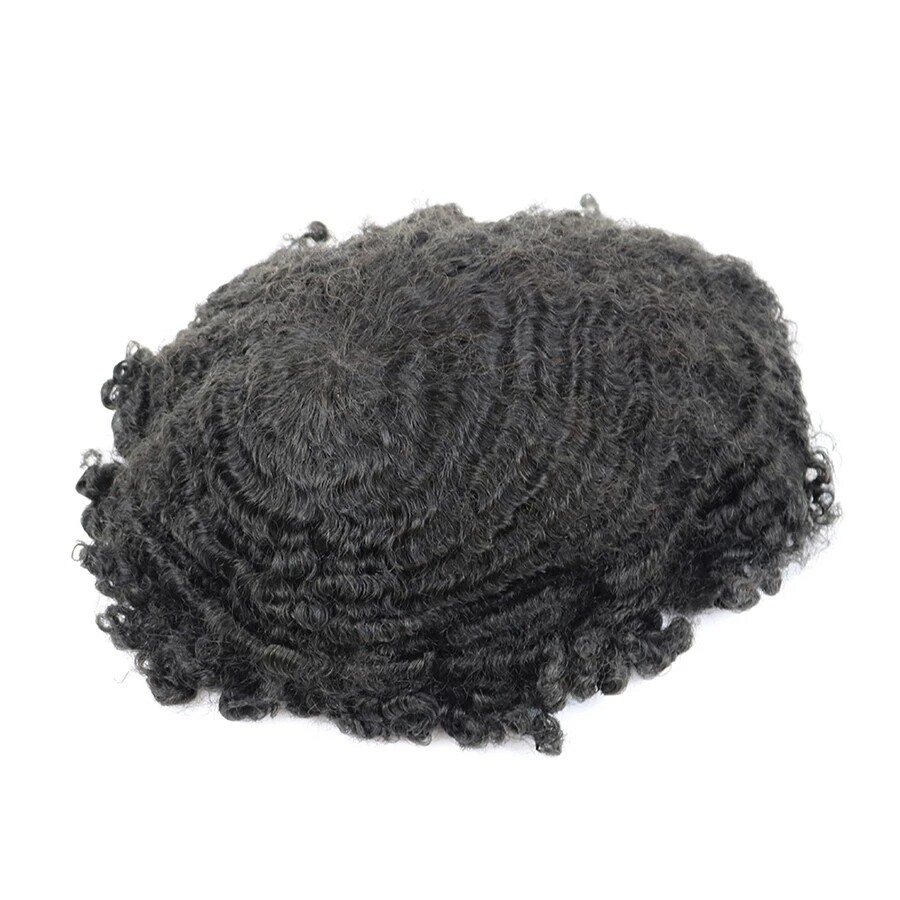 8mm Durable Skin Afro Curly Mens Toupee Black Man Weave Hair Replacement Wig