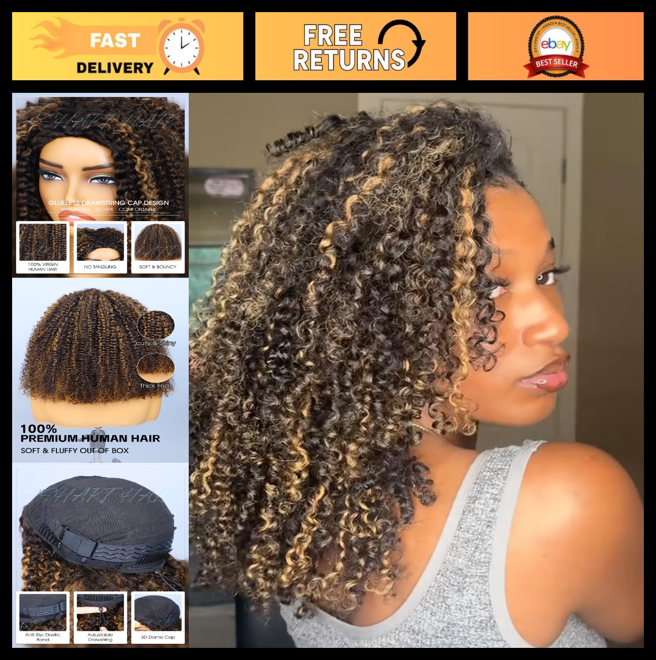 18″ Brown Ombre Kinky Curly Half Wig – 3-in-1 Flip Over, Glueless, 180% Density