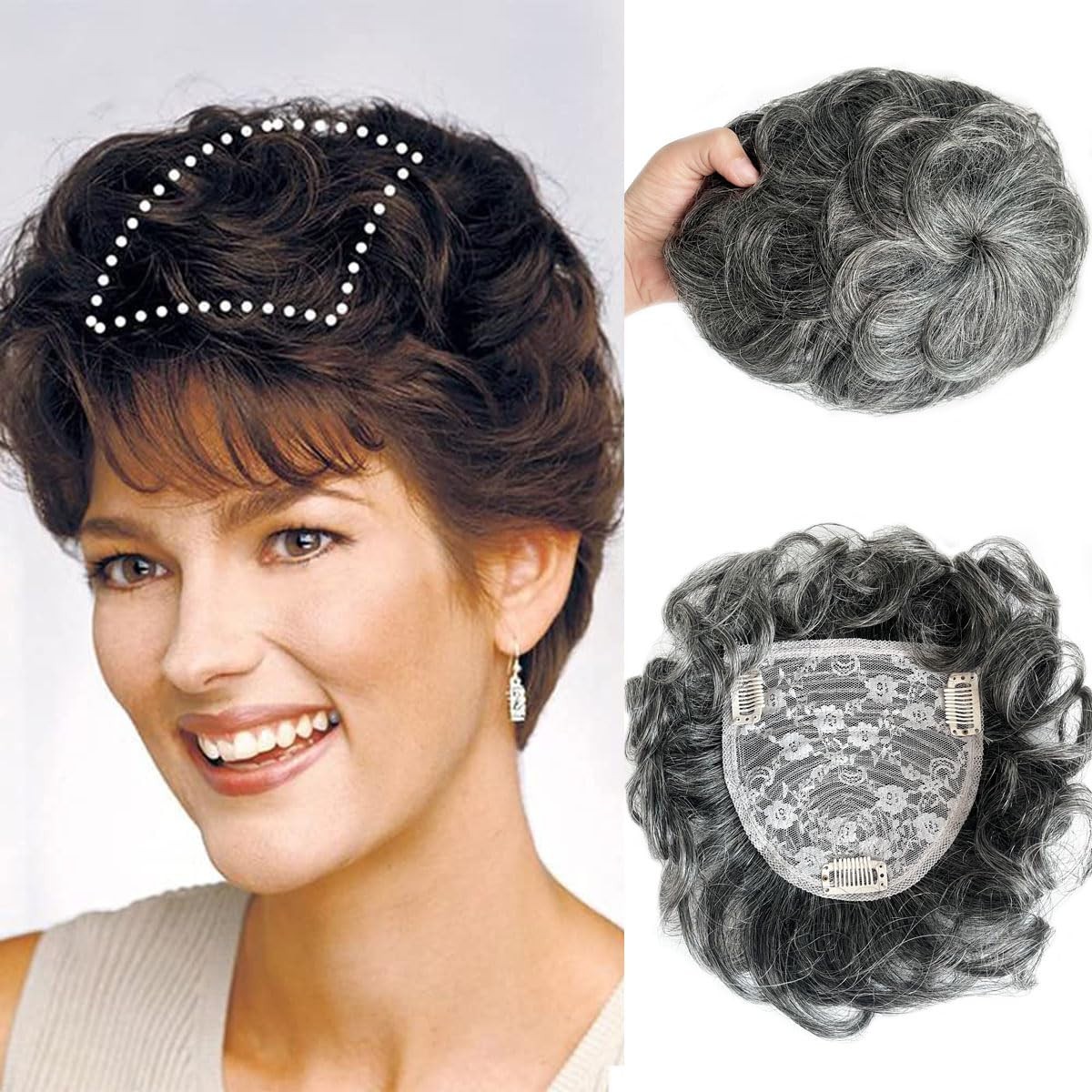 Short Curly Real Human Hair Topper with Front Bangs for Women,Breathable Wiglets