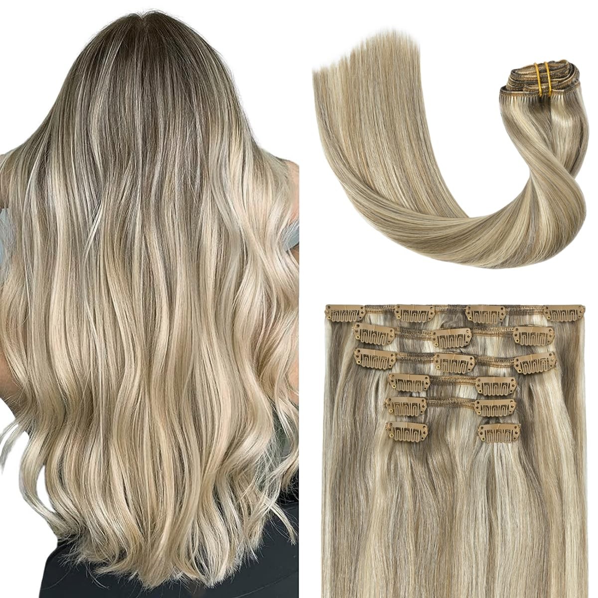 Clip in Hair Extensions Real Human Hair – 20 inch 70g Ash Blonde Mixed Bleach…