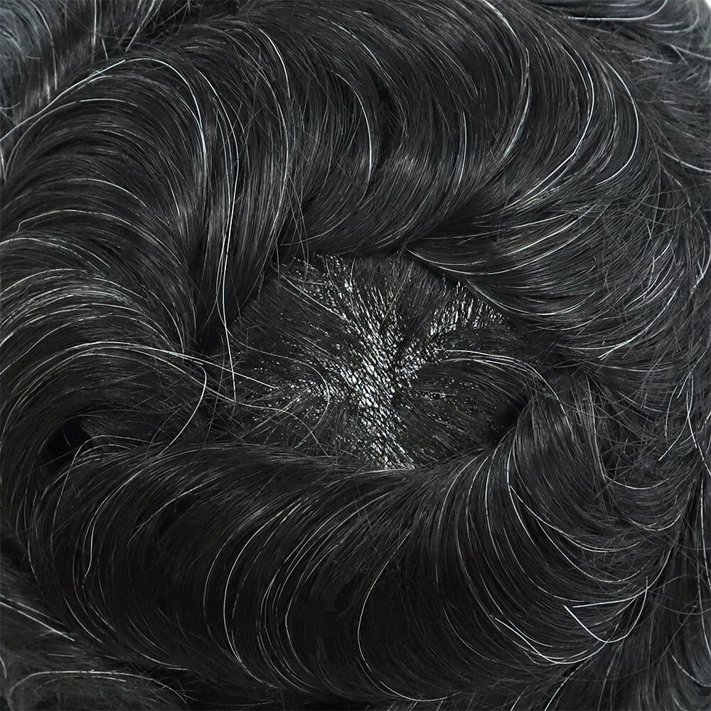 Mens Human Hair Replacement System Poly Skin Toupee Scalloped Hairpieces #1B10