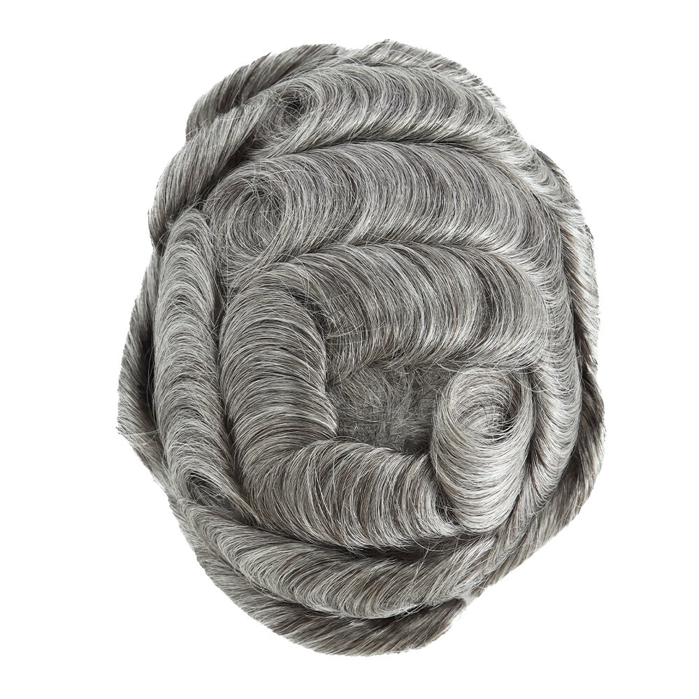 Toupee For Men Human Super Thin Skin V Looped Men Hairpiece Wig Black Grey #565