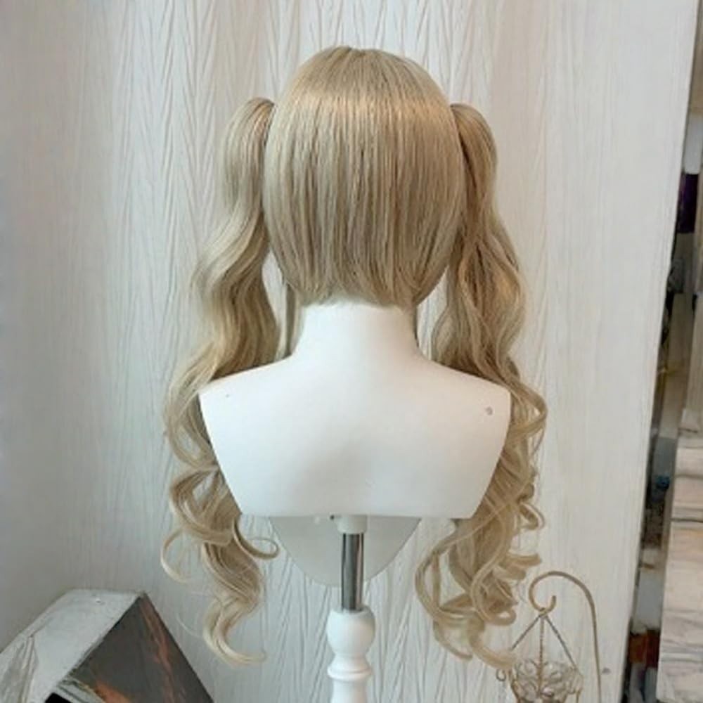 Japanese Lolita Wig Long Curly Ponytail Blonde Hair Cosplay Costume