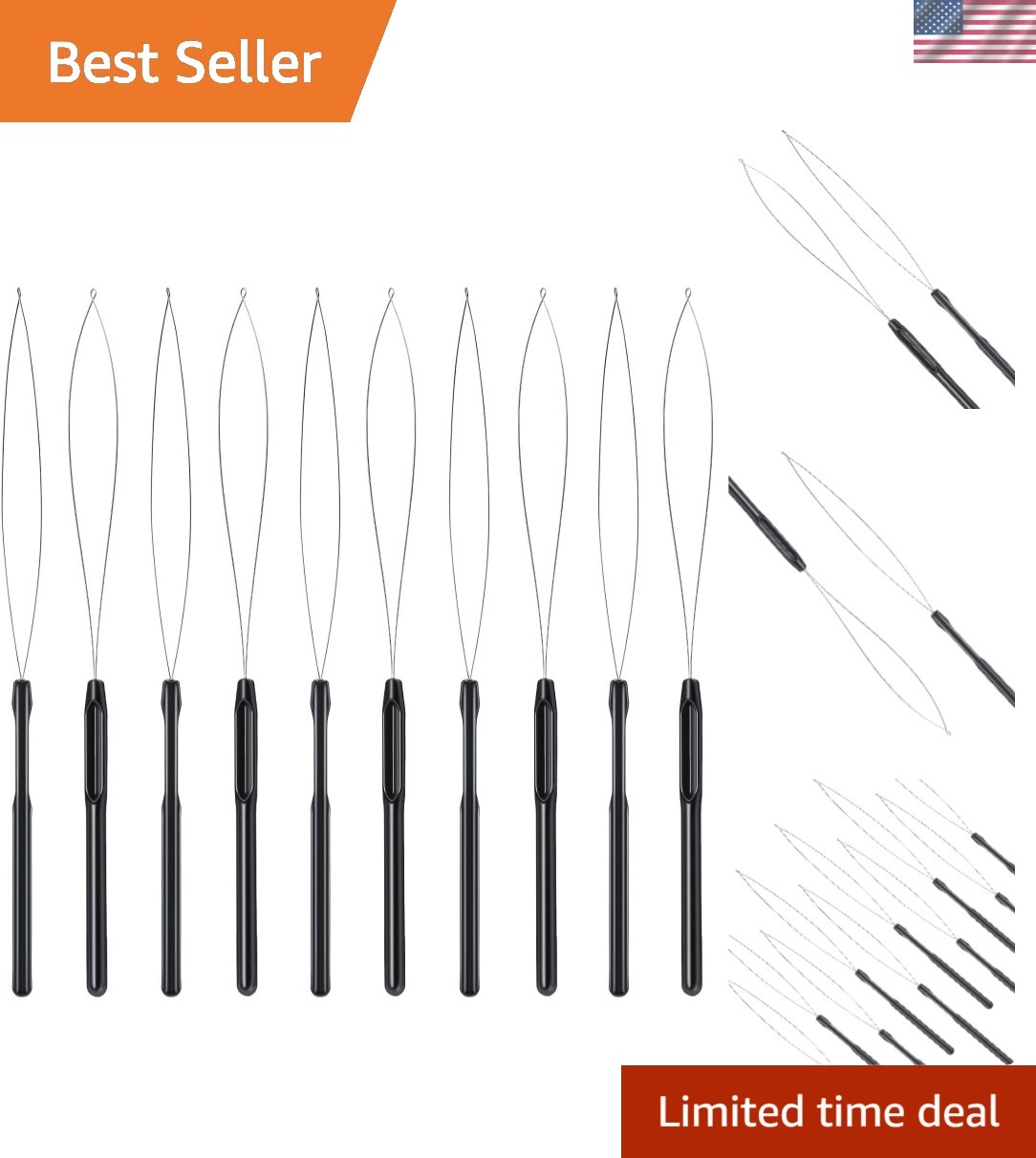 High-Quality Black Hair Extension Loop Tool with Metal Needle and Plastic Handle