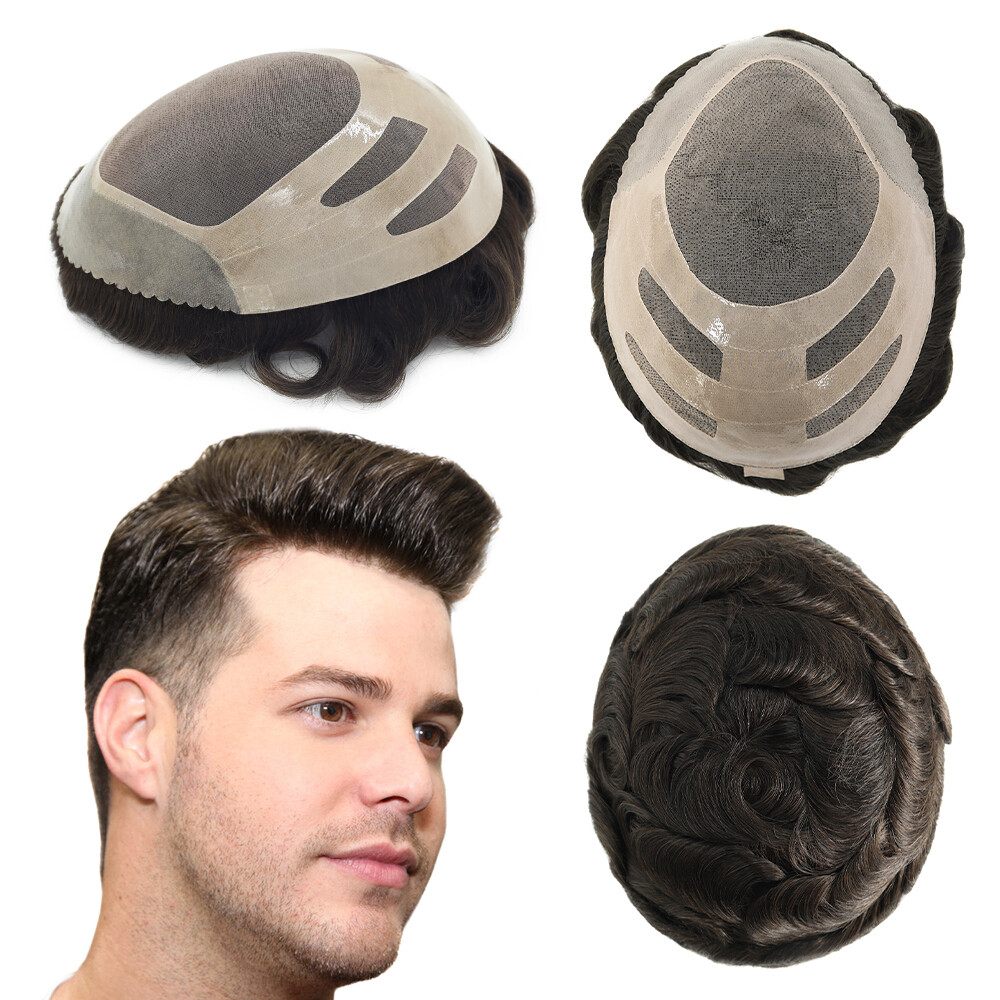 Mens Hairpiece Fine Mono Toupee Human Hair Replacement Systems Economy Shipping