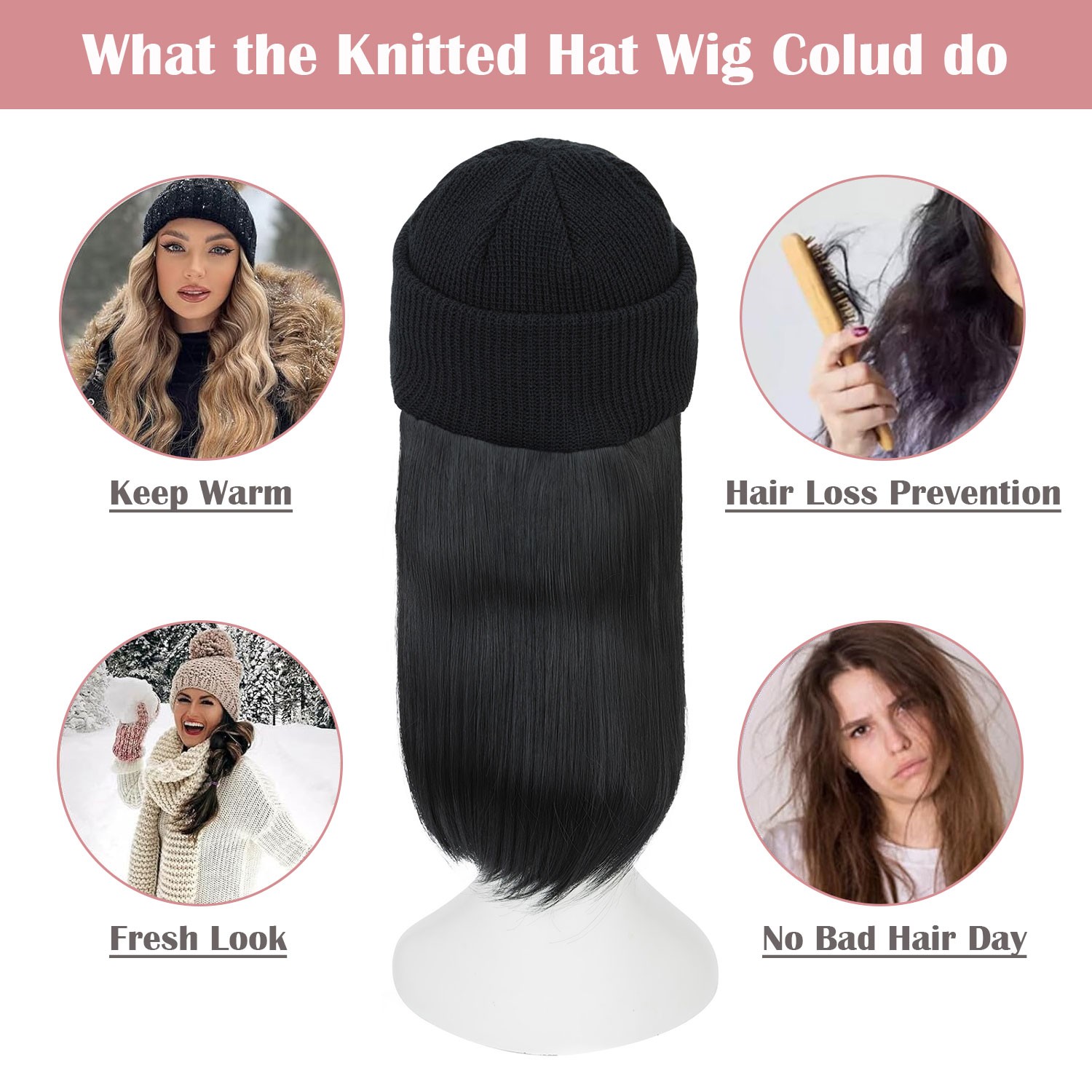 Winter Wig Hat with Hair Attached for Women Knitted Beanie Wigs Winter Hat Warm