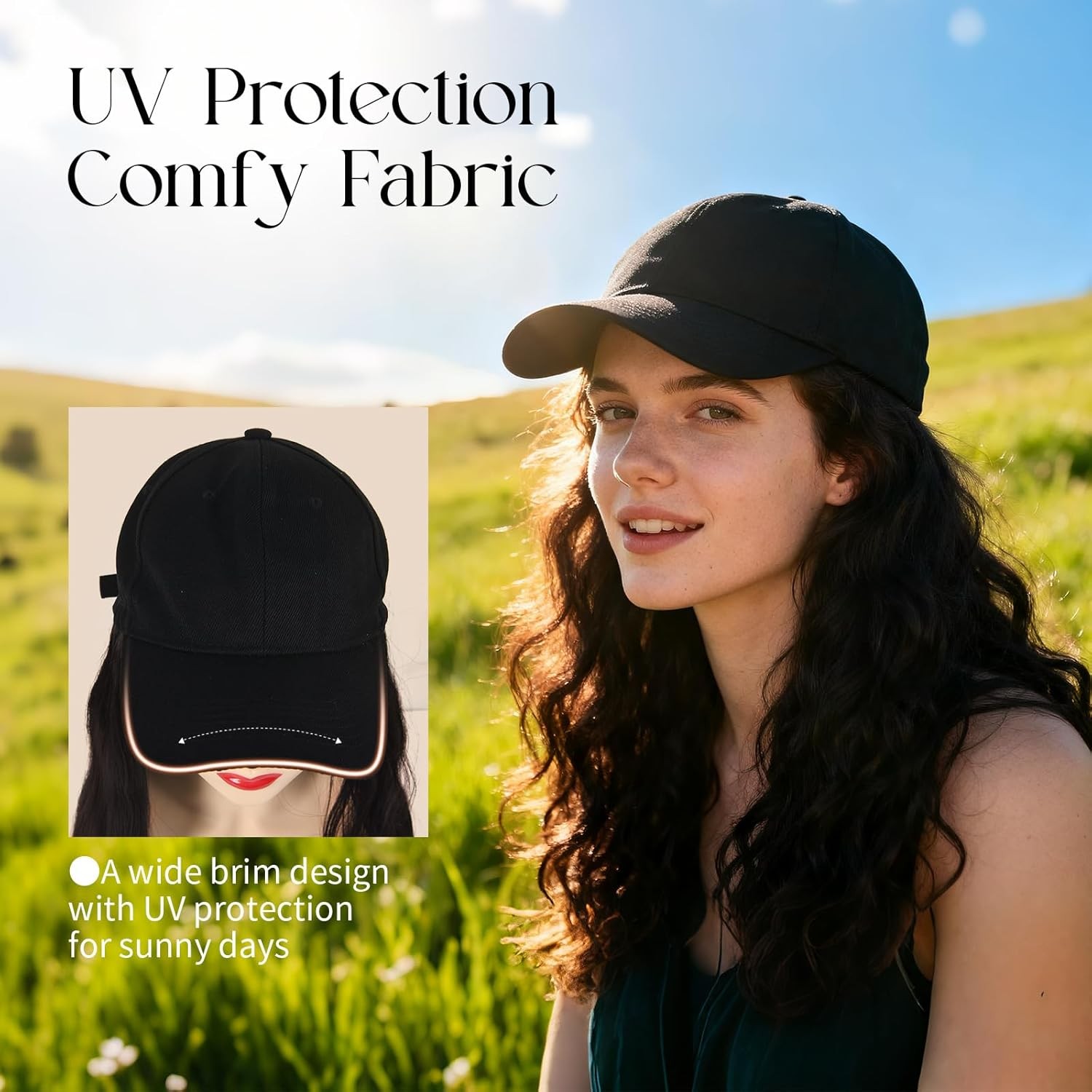 Women Baseball Cap Hat with Long Natural Wavy Synthetic Hair Wig for Party Black