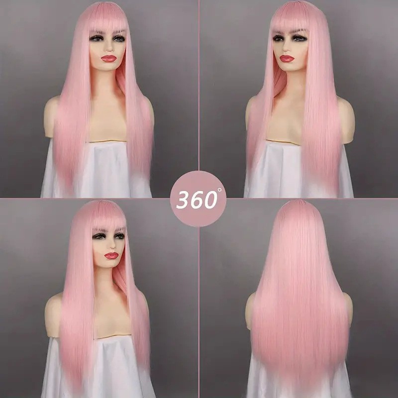 Long Straight Wig With Bangs For Women Multi Color Heat Resistant Synthetic