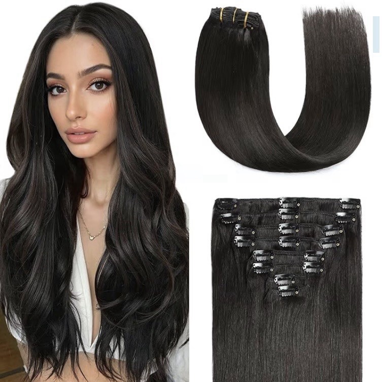 Sunya 18″ Double Weft Clip In Human Hair Extensions 1B Natural Black 8Pcs 120g