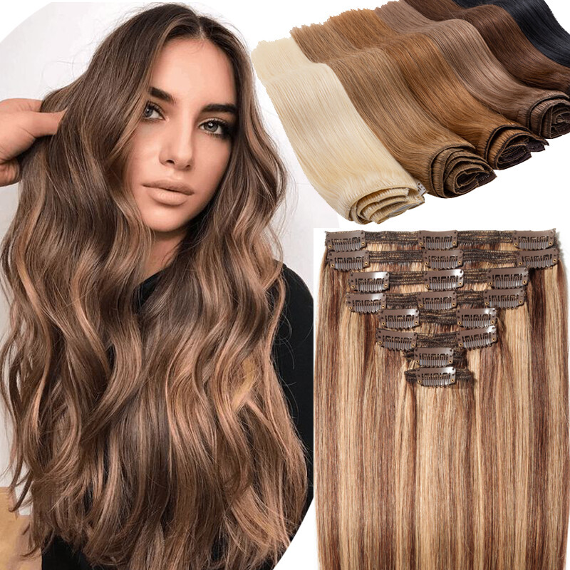 140g THICK Double Weft Clip In 100% Remy Human Hair Extensions Full Head 8pcs US