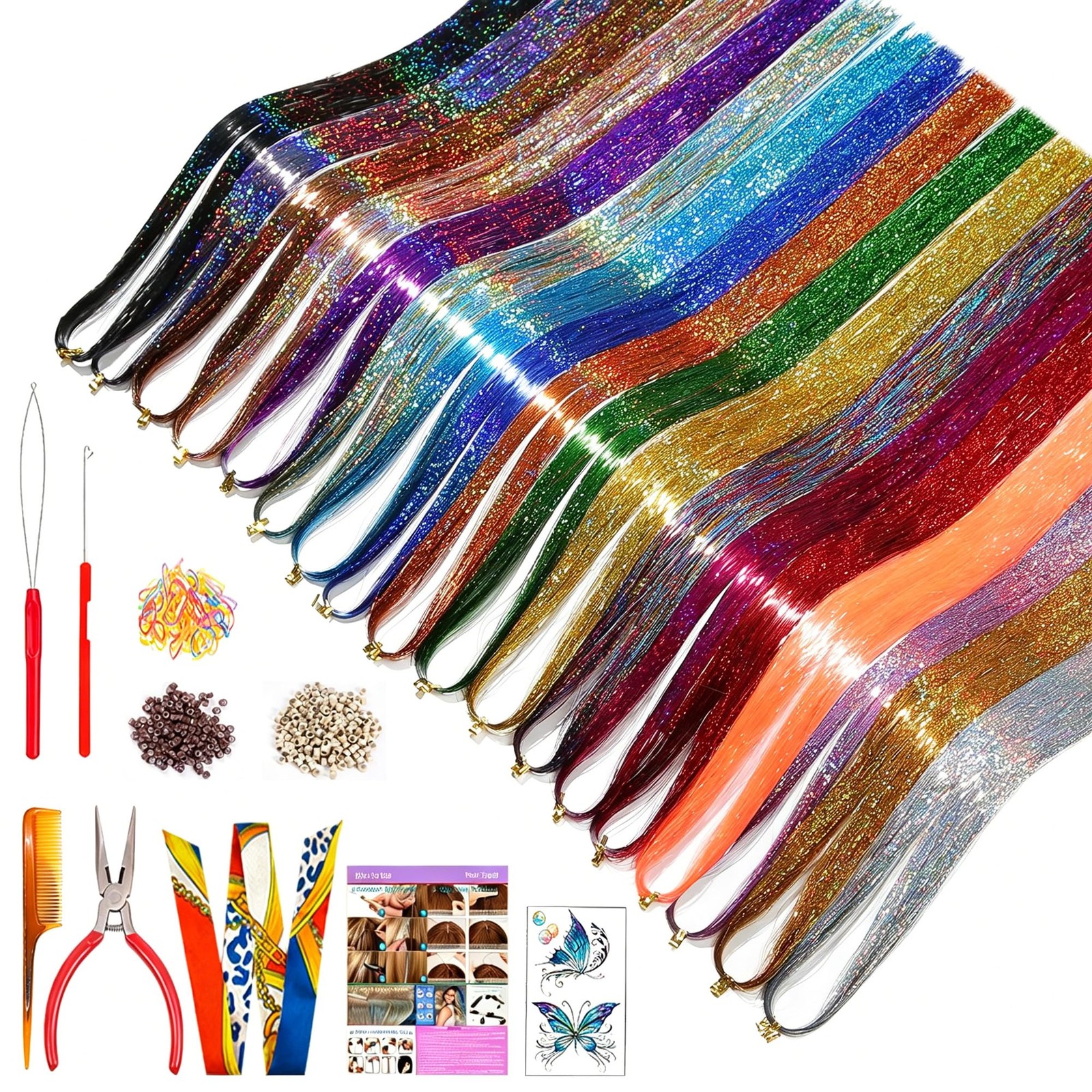 18 Colors Hair Tinsel Kit – 47 Inch Sparkle Strands, up to 320°F, No-Fade & R…