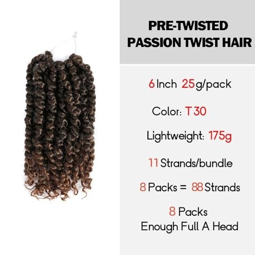 Short Passion Twist Hair 6 Inch 6 Inch (Pack of 8) T30(Ombre Medium Dark Brown)
