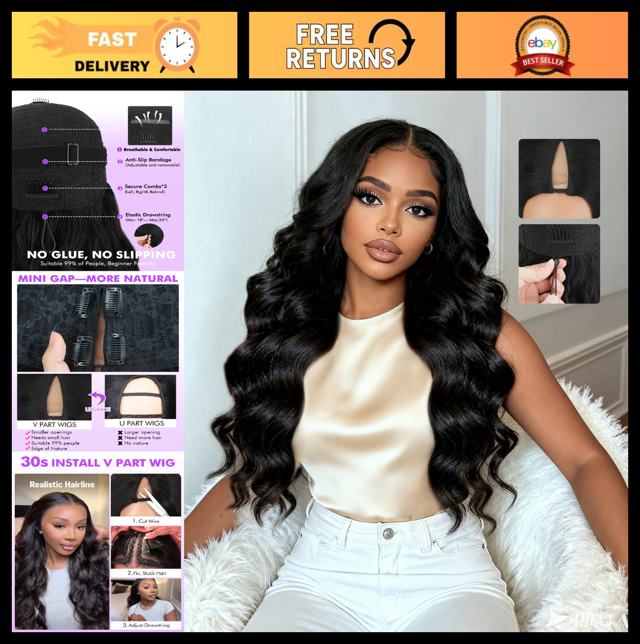 250% Density Body Wave V Part Human Hair Wig – Glueless Clip-In Half Wig, 20 Inc