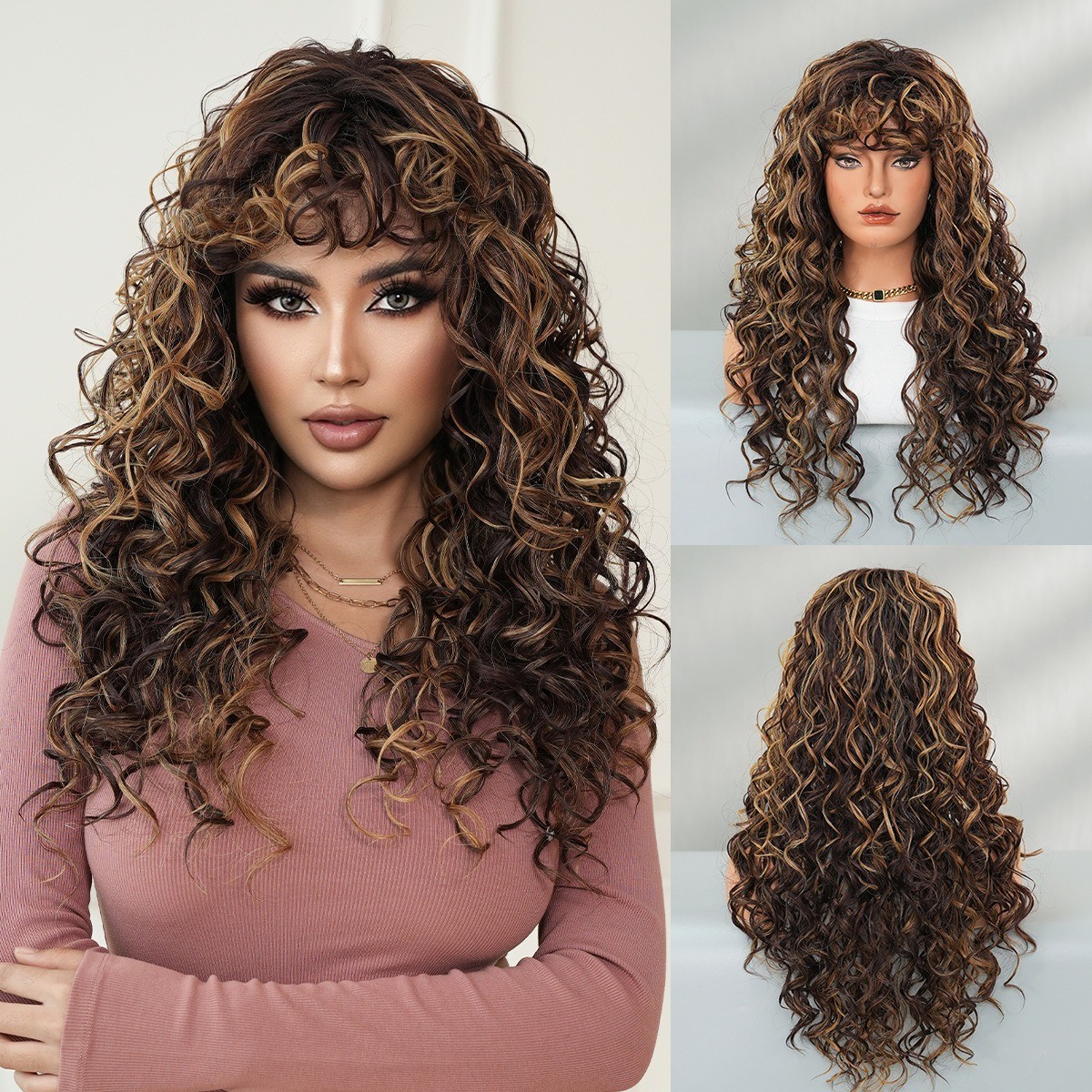 Black spring coil wig with deep wavy long hair for black people with air bangs