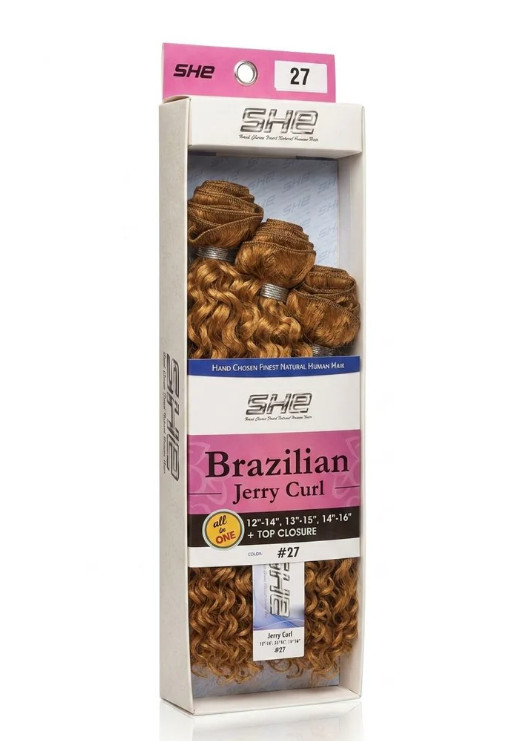 SHE Brazilian Human Hair Jerry Curl #30 3 Bundle Top Closure New In Package