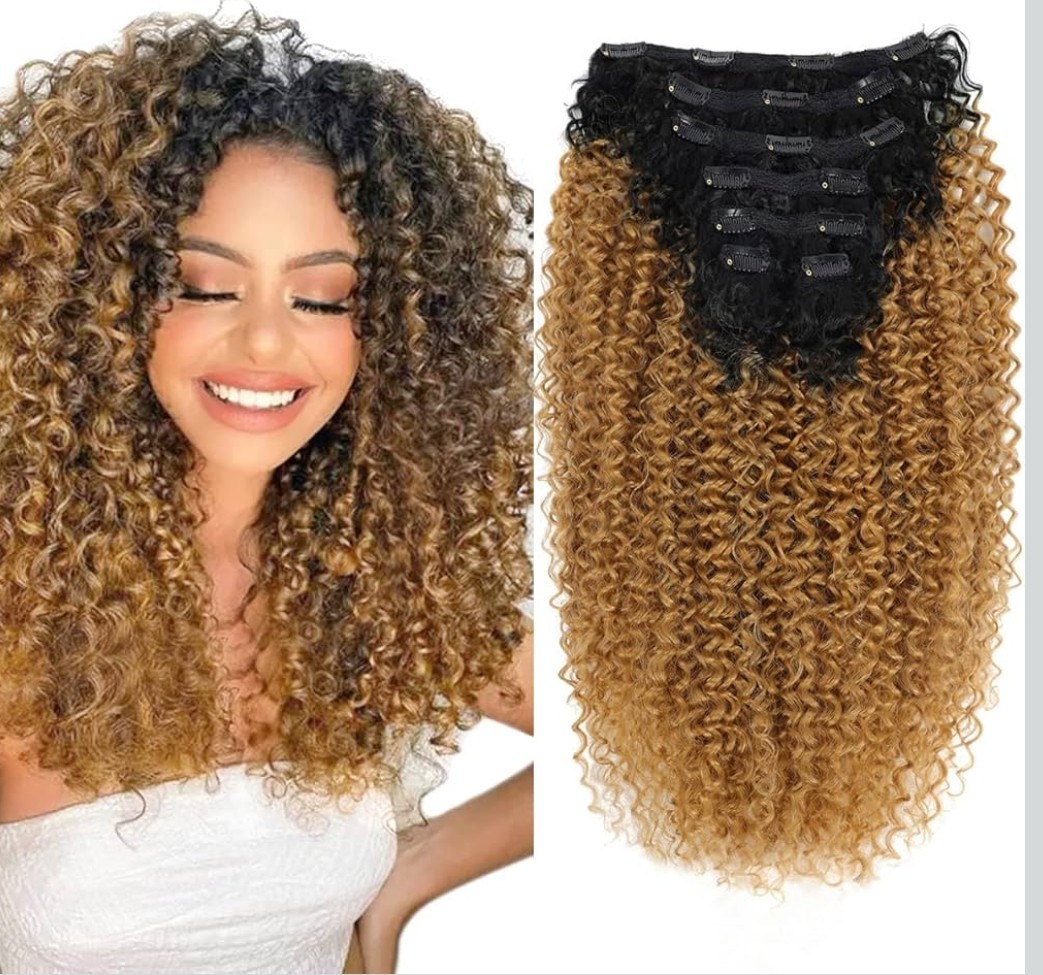 BHF 26″ Kinky Curly Clip-In Hair Extensions, Japanese Heat-Resistant T1B/27