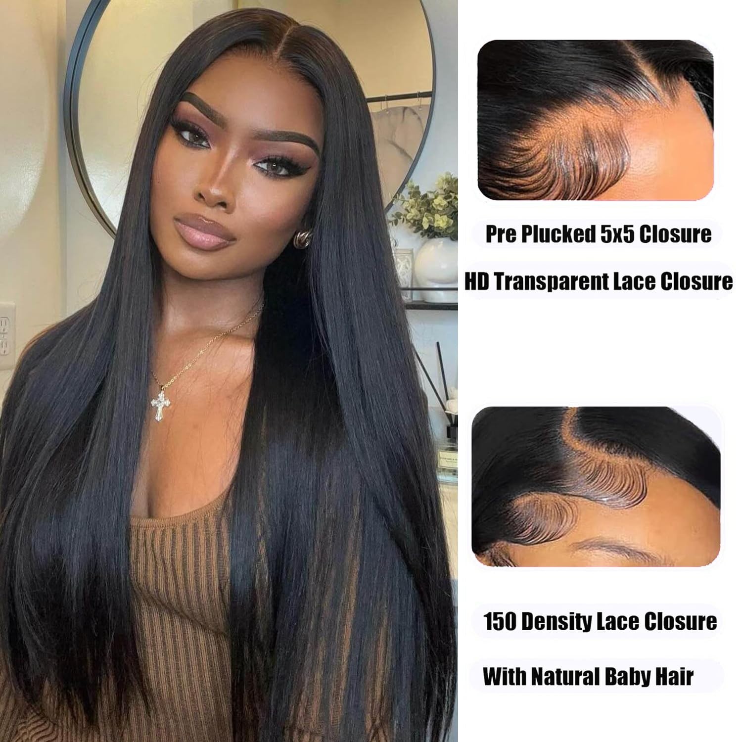 32″ Glueless Human Hair Wig – 200 Density, 5×5 HD Lace Closure, Straight, Pre-Pl