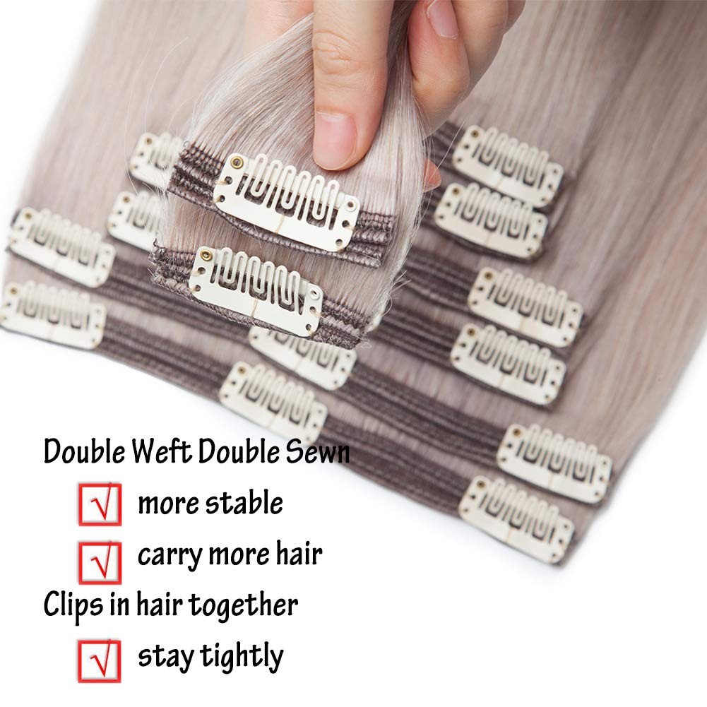 Benehair 18Inch 140G Clip In Hair Extensions Real Human Hair Highlighted Grey