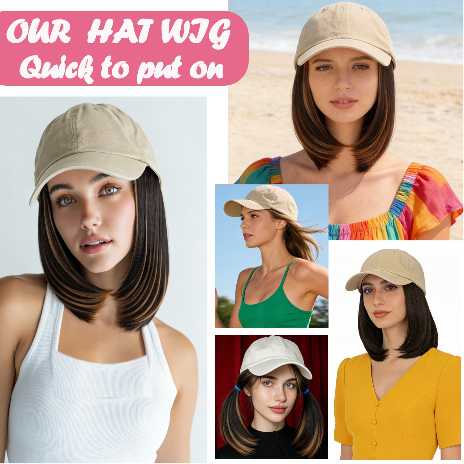 Baseball Cap Hat with Short Synthetic Hair,Baseball Hat Cap with Straight Hair M