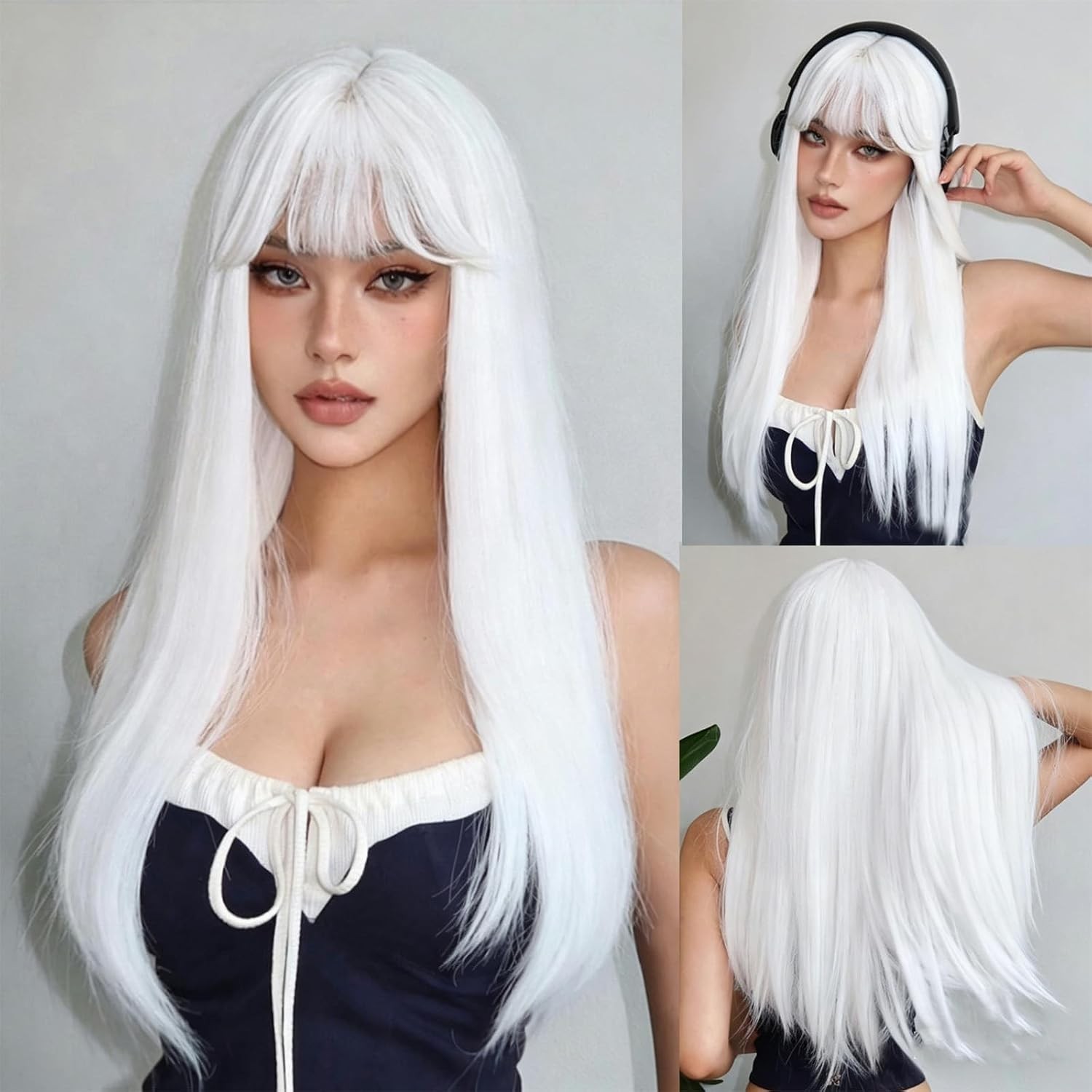 Wig with Bangs for Women, Brown Blonde Highlight Synthetic Wig, Medium Length