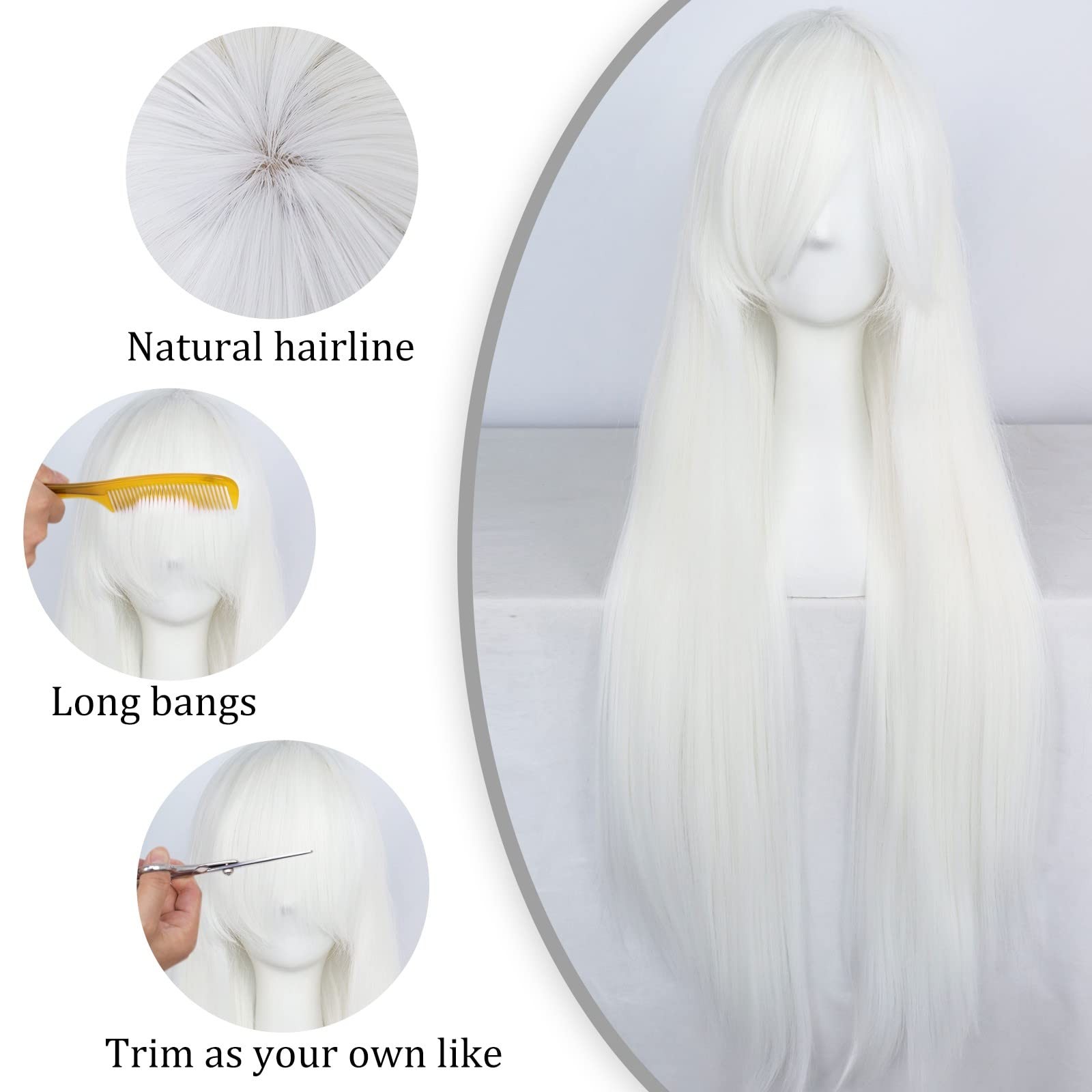 Wig Cap+32 In/ 80 cm Long White Wig White Cosplay Wigs, Straight Whitish Synt…