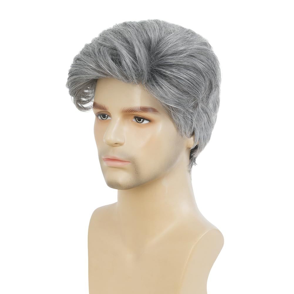 6in Men’s Short Silver Gray Wig Full Heat Resistant Synthetic Cosplay Party